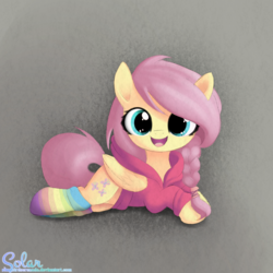 Size: 1500x1500 | Tagged: safe, artist:songbirdserenade, fluttershy, pony, g4, alternate hairstyle, braid, clothes, cute, female, hoodie, looking at you, prone, rainbow socks, shyabetes, smiling, socks, solo, striped socks