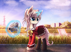 Size: 1614x1182 | Tagged: safe, artist:atlas-66, pony, unicorn, anime, camera, clothes, crossover, female, glowing horn, horn, mare, ponified, solo