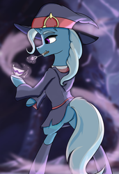 Size: 4550x6650 | Tagged: safe, artist:lula-moonarts, trixie, pony, unicorn, g4, absurd resolution, butt, clothes, cup, dress, female, hat, little witch academia, mare, mouth hold, plot, side slit, skirt, skirt lift, smiling, solo, teacup, witch, witch hat