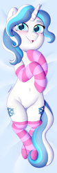 Size: 1969x5906 | Tagged: safe, alternate version, artist:meowcephei, oc, oc only, oc:frozen droplet, both cutie marks, clothes, socks, solo, stockings, striped socks, thigh highs, ych result