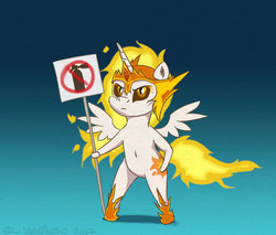 Size: 821x701 | Tagged: safe, artist:el-yeguero, daybreaker, alicorn, pony, semi-anthro, g4, belly button, bipedal, chibi, female, gradient background, mane of fire, mare, sign, solo