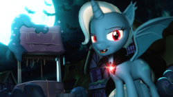 Size: 1920x1080 | Tagged: safe, artist:powdan, trixie, alicorn, bat, bat pony, bat pony alicorn, pony, vampire, g4, 3d, alicorn amulet, alicornified, bat ponified, cape, clothes, fangs, female, full moon, gmod, looking at you, mare, moon, night, open mouth, ponyville, race swap, red eyes, smiling, solo, source filmmaker, trixiecorn, well