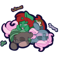 Size: 1511x1444 | Tagged: safe, artist:lou, oc, oc only, oc:acid poison, oc:ice shiver, oc:juicy dream, pony, unicorn, eyes closed, plushie, pony pile, simple background, sleeping, snoring, tongue out, transparent background, trio, zzz