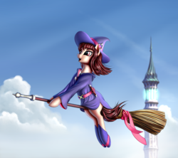 Size: 2000x1776 | Tagged: safe, artist:lightly-san, pony, akko kagari, anime, boots, broom, clothes, crossover, dress, female, flying, flying broomstick, little witch academia, mare, ponified, shoes, skirt, skirt lift, smiling, solo, witch