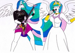 Size: 3495x2470 | Tagged: safe, artist:killerteddybear94, princess celestia, alicorn, pony, anthro, g4, armpits, breasts, busty princess celestia, cleavage, clothes, cropped, crown, cute, cutelestia, cutie mark, dress, electric guitar, eyes closed, female, flying v, guitar, heavy metal, high res, jewelry, mare, metalestia, microphone, multicolored mane, multicolored tail, musical instrument, necklace, power metal, regalia, rhapsody of fire, shirt, singing, skirt, smiling, spread wings, t-shirt, traditional art, wristband