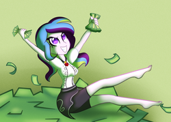 Size: 900x643 | Tagged: dead source, safe, artist:wubcakeva, oc, oc only, oc:muse, equestria girls, g4, barefoot, clothes, compression shorts, dollar, equestria girls-ified, feet, female, gem, greed, money, siren gem, skirt, skirt lift, smiling, solo