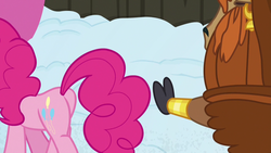 Size: 1280x720 | Tagged: safe, screencap, pinkie pie, prince rutherford, pony, yak, g4, not asking for trouble, butt, cloven hooves, female, out of context, plot, snow