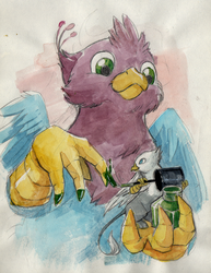 Size: 773x1000 | Tagged: safe, artist:thekuto, oc, oc only, oc:der, oc:gyro feather, oc:gyro tech, griffon, duo, griffonized, male, micro, nail polish, species swap, traditional art, watercolor painting