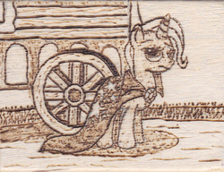 Size: 778x597 | Tagged: safe, artist:malte279, trixie, g4, cape, caravan, clothes, female, pyrography, solo, traditional art, trixie's cape, trixie's wagon, wagon, wheel