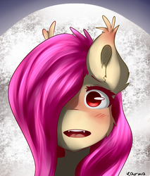 Size: 1263x1480 | Tagged: safe, artist:kourma, fluttershy, bat pony, pegasus, pony, g4, blushing, bust, cute, ear fluff, fangs, female, flutterbat, full moon, hair over one eye, looking at you, moon, open mouth, race swap, red eyes, solo