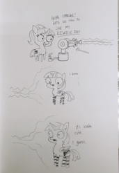 Size: 1440x2100 | Tagged: safe, artist:tjpones, starlight glimmer, twilight sparkle, alicorn, pony, unicorn, g4, black and white, clothes, comic, dialogue, duo, ear fluff, equal cutie mark, grayscale, lewd, lineart, monochrome, onomatopoeia, open mouth, panties, pure unfiltered evil, raygun, simple background, smiling, socks, striped socks, traditional art, twilight sparkle (alicorn), underwear