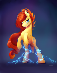 Size: 2292x2917 | Tagged: safe, artist:viwrastupr, oc, oc only, oc:ark bolt, earth pony, pony, ear fluff, ear piercing, electricity, high res, long mane, looking at you, male, piercing, rearing, smiling, solo, stallion