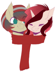 Size: 1024x1316 | Tagged: safe, artist:shiromidorii, edit, oc, oc only, oc:berry blitz, oc:cheat code, earth pony, pony, unicorn, beanie, berrycode, bust, clothes, couple, duo, ear fluff, eyes closed, hat, scarf, shared clothing, shared scarf, simple background, smiling, transparent background