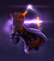 Size: 2114x2400 | Tagged: safe, artist:nightskrill, oc, oc only, oc:neon flame, pony, unicorn, archery, bow (weapon), clothes, commission, cosplay, costume, destiny (video game), glowing horn, high res, hoodie, horn, solo