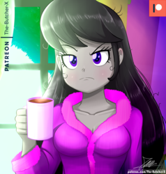 Size: 1160x1220 | Tagged: safe, artist:the-butch-x, octavia melody, equestria girls, g4, breasts, busty octavia melody, cleavage, clothes, commission, female, food, grumpy, looking at you, messy hair, morning, mug, octavia is not amused, patreon, patreon logo, raised eyebrow, robe, signature, solo, tea, unamused, window