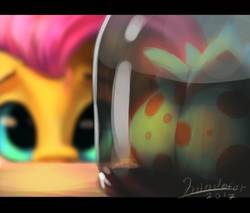 Size: 2000x1700 | Tagged: safe, artist:mindofor, fluttershy, pony, a health of information, g4, eye, eyes, female, jar, looking at something, mare, signature, solo, swamp fever plant