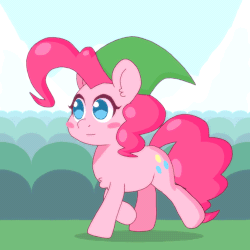 Size: 500x500 | Tagged: safe, artist:omegaozone, pinkie pie, earth pony, pony, g4, animated, blush sticker, blushing, chest fluff, cute, diapinkes, ear fluff, female, frame by frame, gif, hat, link, mare, parallax scrolling, smiling, solo, the legend of zelda, trotting, walk cycle, walking