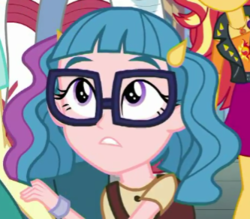 Size: 333x292 | Tagged: safe, screencap, curly winds, some blue guy, sunset shimmer, technicolor waves, display of affection, equestria girls, g4, my little pony equestria girls: better together, background human, cropped, geode of empathy, glasses, magical geodes, offscreen character