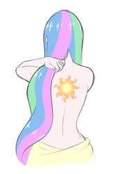 Size: 863x1326 | Tagged: safe, artist:rapps, princess celestia, principal celestia, equestria girls, g4, alternative cutie mark placement, bare back, boa hancock, clothes, facing away, female, one piece, partial nudity, salome, simple background, slavery, solo, tattoo, topless, white background