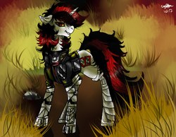 Size: 2000x1551 | Tagged: safe, artist:brainiac, oc, oc only, oc:blackjack, cyborg, pony, unicorn, fallout equestria, armor, augmented, clothes, collar, cutie mark, cyber legs, fanfic, fanfic art, female, floppy ears, full body, grass, grin, hooves, horn, level 1 (project horizons), mare, prosthetics, rock, smiling, solo