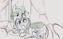 Size: 1920x1200 | Tagged: safe, artist:aurelleah, oc, oc only, oc:ember, oc:emerald stonesetter, pegasus, pony, g4, bed, bedroom eyes, blushing, commission, cottagecore, cuddling, curtains, cute, female, happy, heart, hug, male, ocbetes, pillow, prone, romantic, shipping, simple background, sketch, smiling, snuggling, straight, unshorn fetlocks, window, winghug, wip