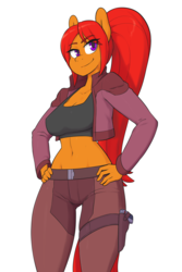 Size: 1920x2880 | Tagged: safe, artist:skecchiart, oc, oc only, anthro, belly button, clothes, commission, female, mare, midriff, pants, redhead, sexy, simple background, solo, sports bra, white background
