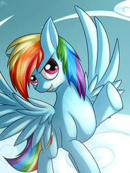 Size: 1024x1365 | Tagged: safe, artist:heart-of-a-dragoness, rainbow dash, g4, cloud, female, flying, grin, smiling, solo, spread wings, wings