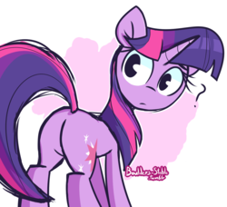 Size: 1145x1045 | Tagged: safe, artist:lilboulder, twilight sparkle, pony, unicorn, g4, butt, female, looking back, mare, plot, question mark, simple background, solo, twibutt, unicorn twilight