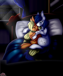 Size: 2600x3100 | Tagged: safe, artist:pinktabico, applejack, oc, oc:constance everheart, g4, bed, bedroom, canon x oc, commission, cowboy hat, cuddling, everjack, eyes closed, female, freckles, hat, high res, male, night, rain, shipping, sleeping, stetson, straight
