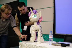Size: 1000x667 | Tagged: safe, sweetie belle, human, robot, sweetie bot project, g4, derpfest, irl, irl human, photo, proto3, sweetie bot