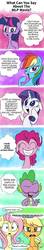 Size: 250x1407 | Tagged: safe, artist:emositecc, applejack, fluttershy, pinkie pie, rainbow dash, rarity, spike, twilight sparkle, dragon, earth pony, pegasus, pony, unicorn, g4, animated actors, breaking the fourth wall, comic, dialogue, female, floppy ears, looking at you, mane six, mare, review, speech bubble