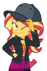 Size: 434x663 | Tagged: safe, artist:rundevilrun007, derpibooru exclusive, edit, edited screencap, screencap, sunset shimmer, display of affection, equestria girls, g4, my little pony equestria girls: better together, background removed, clothes, female, flanksy, hat, not a vector, one eye closed, skirt, solo, wink