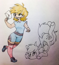 Size: 1145x1280 | Tagged: safe, artist:theorderofalisikus, derpy hooves, human, pegasus, pony, g4, clothes, derp, eyebrows, eyebrows visible through hair, human and pony, humanized, letter, shoes, shorts, socks, thigh highs, traditional art