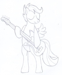 Size: 655x782 | Tagged: safe, artist:jesterofdestiny, scootaloo, g4, bass guitar, black and white, female, fender, grayscale, guitar, monochrome, musical instrument, sad, scootabass, solo
