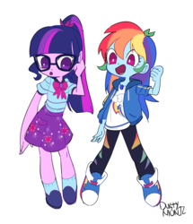 Size: 910x1057 | Tagged: safe, artist:dusty-munji, rainbow dash, sci-twi, twilight sparkle, equestria girls, g4, my little pony equestria girls: better together, clothes, converse, duo, female, glasses, hoodie, ponytail, shirt, shoes, simple background, skirt, smiling, socks, white background
