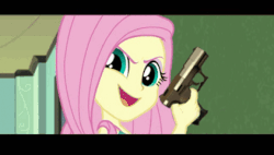 Size: 422x239 | Tagged: safe, screencap, fluttershy, a little birdie told me, equestria girls, g4, my little pony equestria girls: better together, animated, classroom, dirty harry, dramatic widescreen, eye, eyes, female, gun, handgun, parody, pistol, solo, weapon