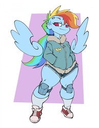Size: 993x1280 | Tagged: safe, artist:bigdad, rainbow dash, human, g4, clothes, converse, ear piercing, earring, eyebrow piercing, female, hoodie, humanized, jewelry, knee pads, looking at you, no pupils, piercing, pony coloring, shoes, shorts, sneakers, socks, solo, spread wings, thunder thighs, winged humanization, wings