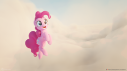 Size: 3840x2160 | Tagged: safe, artist:therealdjthed, pinkie pie, earth pony, pony, g4, 3d, 3d model, blender, blender cycles, cloud, cute, cycles render, diapinkes, female, happy, high res, jumping, mare, model:djthed, open mouth, patreon, patreon logo, sky, smiling, solo