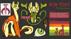 Size: 3840x2124 | Tagged: safe, artist:kez, oc, oc only, oc:non toxic, monster pony, original species, tatzlpony, food, high res, ice cream, male, reference sheet, solo, teeth, tentacle tongue, tentacles
