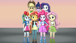 Size: 3840x2160 | Tagged: safe, artist:cjwong34, applejack, fluttershy, pinkie pie, rainbow dash, rarity, sci-twi, sunset shimmer, twilight sparkle, equestria girls, g4, 3d, clothes, high res, humane five, humane seven, humane six, one eye closed, pinkie pie's skirt, skirt, wink
