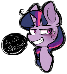 Size: 509x562 | Tagged: safe, artist:urbanqhoul, twilight sparkle, g4, blatant lies, bust, dialogue, ear fluff, female, looking away, mare, simple background, smiling, solo, stressed, sweat, sweatdrop, transparent background