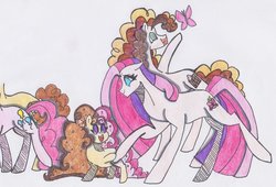 Size: 1024x698 | Tagged: safe, artist:draw1709, cheese sandwich, pinkie pie, oc, oc:chocolate confection, oc:festival, oc:strawberry surprise, pony, g4, female, male, offspring, parent:cheese sandwich, parent:pinkie pie, parents:cheesepie, ship:cheesepie, shipping, straight, traditional art