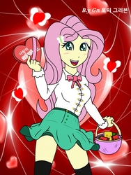 Size: 768x1024 | Tagged: safe, artist:ajrrhvk12, fluttershy, equestria girls, g4, basket, blushing, candy, clothes, cute, female, food, heart, looking at you, miniskirt, open mouth, skirt, smiling, socks, solo, thigh highs, thigh socks