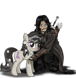 Size: 3300x3400 | Tagged: safe, artist:avchonline, octavia melody, earth pony, human, pony, g4, anduril, aragorn, arrow, blushing, clothes, crossover, female, flower, flower in hair, high res, human male, lord of the rings, male, mare, simple background, sword, weapon