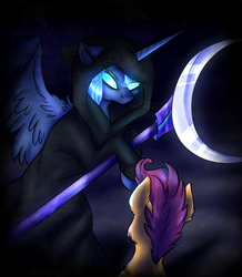 Size: 1744x2000 | Tagged: dead source, safe, artist:not-ordinary-pony, princess luna, scootaloo, alicorn, pony, g4, cloak, clothes, female, filly, grim reaper, mare, scythe