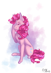 Size: 2039x2893 | Tagged: safe, artist:sketchiibeats, pinkie pie, earth pony, pony, g4, chest fluff, female, high res, pinkie promise, sitting, smiling, solo, tongue out