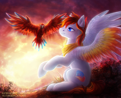 Size: 2600x2096 | Tagged: safe, artist:elzafox, oc, oc only, oc:heartfire, parrot, pegasus, pony, commission, dawn, high res, red, spread wings, sunset, white, wings, ych result, yellow