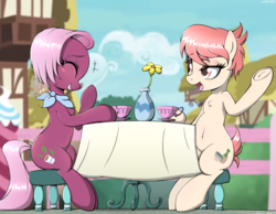 Size: 2272x1765 | Tagged: safe, artist:yorozpony, jasmine leaf, raspberry vinaigrette, earth pony, pony, discordant harmony, g4, blushing, cafe, cafeteria, chair, chest fluff, clothes, cloud, duo, duo female, eyes closed, female, flower, flower pot, giggling, hoof in air, hoof over mouth, human shoulders, humanoid torso, mare, open mouth, ponyville, scarf, sitting, sky, table, tablecloth, talking, underhoof