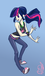 Size: 600x1000 | Tagged: safe, artist:candasaurus, sci-twi, twilight sparkle, human, g4, belt, clothes, converse, female, humanized, looking back, midriff, pants, shoes, simple background, smiling, solo, tank top