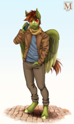 Size: 776x1300 | Tagged: safe, artist:margony, oc, oc only, oc:olive hue, pegasus, anthro, unguligrade anthro, clothes, commission, female, hand in pocket, jacket, looking at you, mare, phone, scarf, smiling, solo, unshorn fetlocks